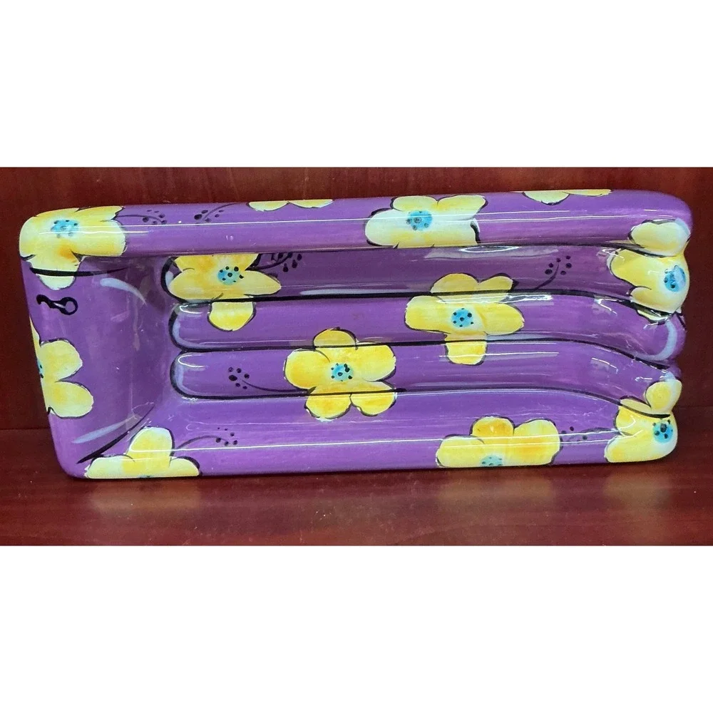 C.A. Hand Painted Ceramic Dish Set of 4 Floral Raised Ridge Trays Multi Color